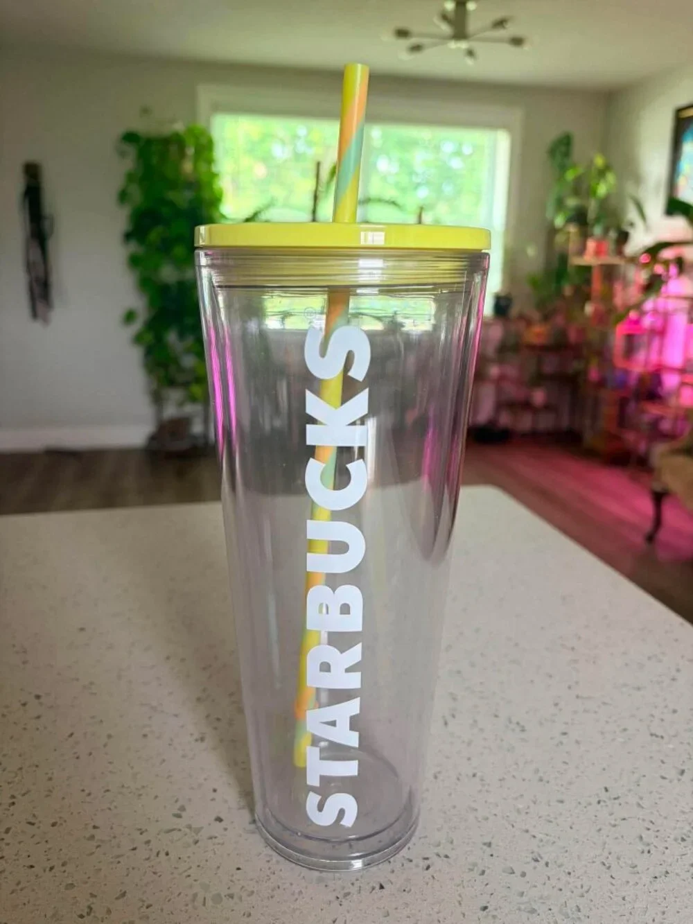 Starbucks 24 oz Clear Cold Cup Yellow Lid Pastel Swirl Straw Tumbler